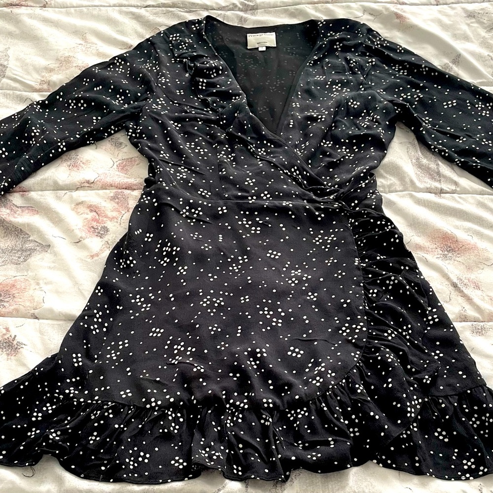 Privacy Please Revolve wrap black polka dots long sleeve mini dress, size S boho